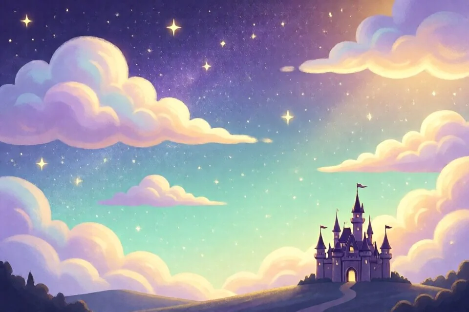 A magical illustrated storybook scene: a starry night sky with fluffy clouds and a fairytale castle