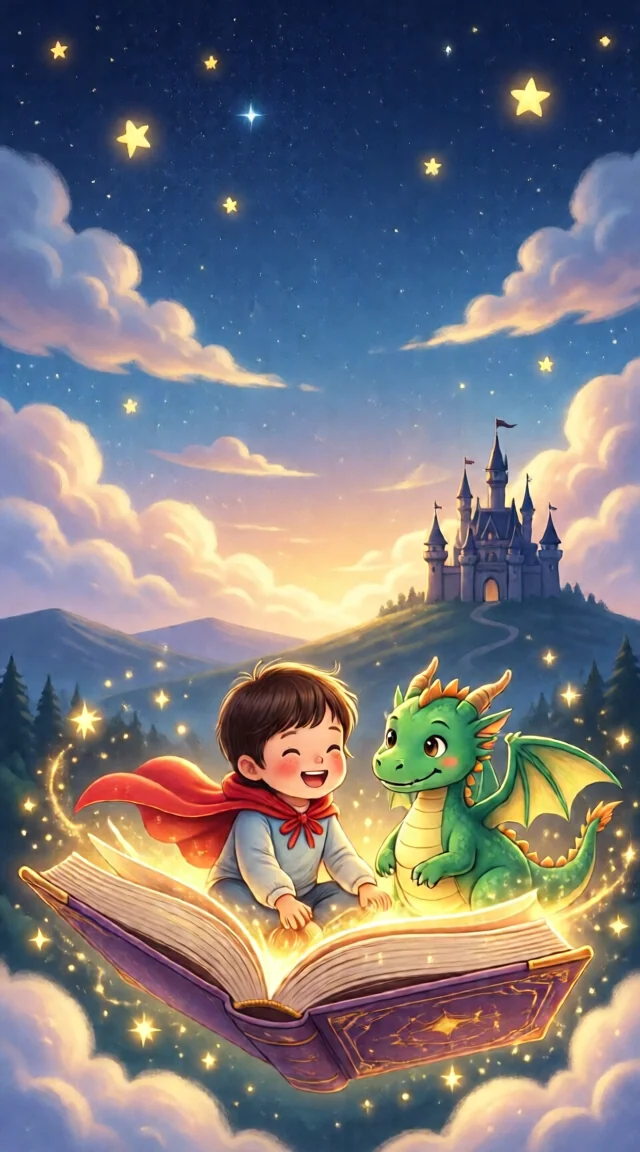 A magical illustrated storybook scene: a child and a friendly dragon flying on an open storybook under a starry sky, with a distant fairytale castle